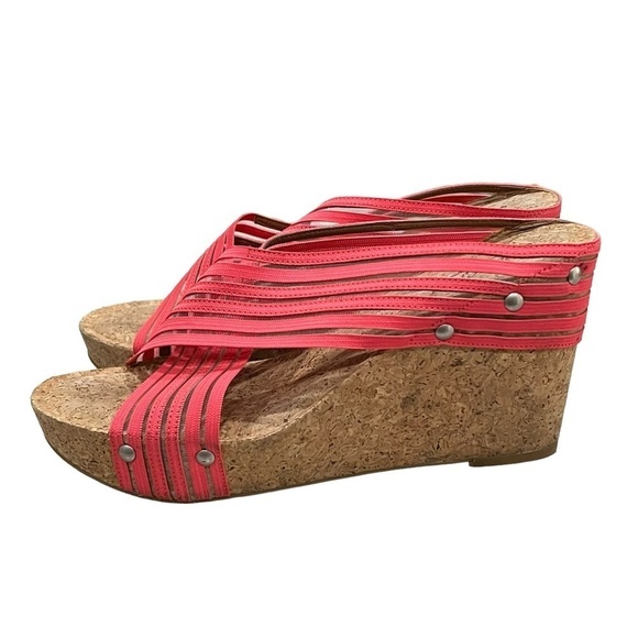 Lucky Brand Women’s 9 Miller II Cross Strap Cork Wedge Hot Pink Stripe - Picture 1 of 7